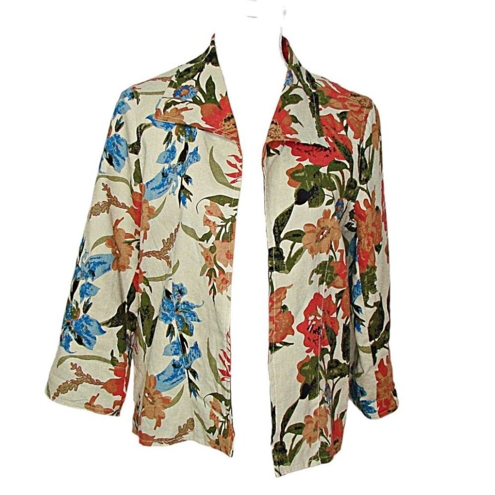 For Cynthia Jacket Blazer Womens Multicolor Floral Linen Open Front Size PM